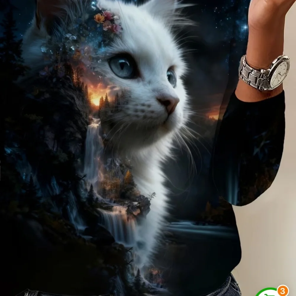 White Cat Galaxy Print Long Sleeved Shirt